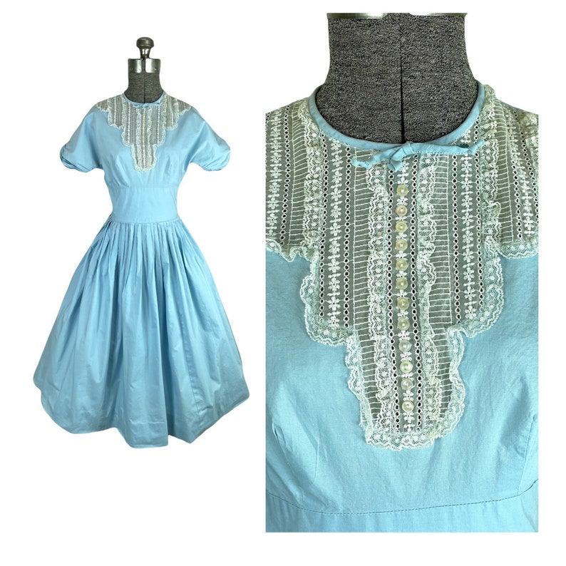 1950s 60s blue cotton pleated dress with lace bib bodice Size S image 1