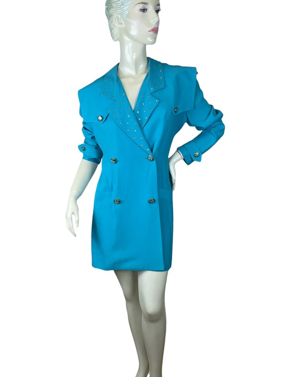 1980s turquoise skort dress with brass studs and … - image 3