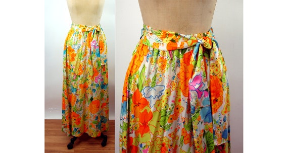 1960s 70s maxi skirt bright tropical floral Alice