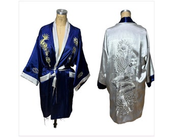 Vintage Chinese embroidered satin robe reversible blue silver Size L