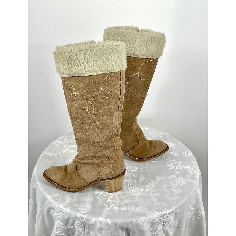 1970s Wrangler boots tan suede with shearling cuffs Size 8 image 1