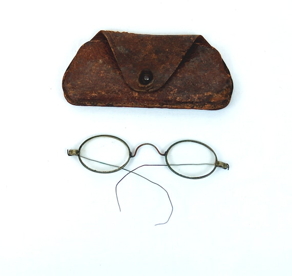 Antique eyeglasses oval wire frames leather case … - image 1