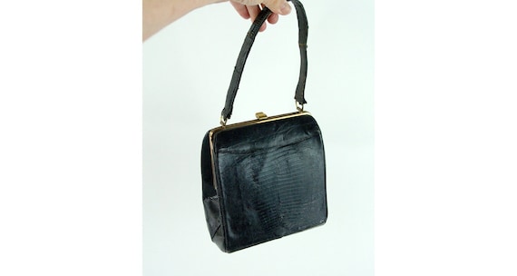 1950s 60s lizard skin handbag black small purse b… - image 1