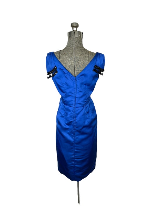 1960s blue silk satin cocktail dress with beaded … - image 7