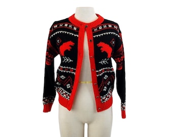 Nordic sweater red black wool cardigan sweater bear motif Size S