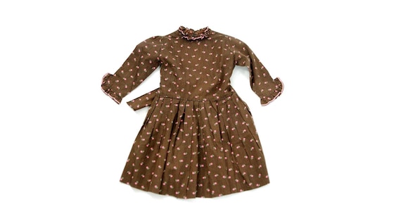 1970s girls calico dress brown pink floral pleate… - image 1