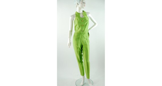 1990s pantsuit chartreuse green crop top slim pant