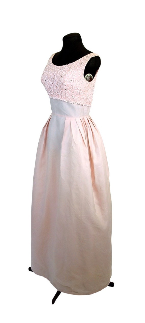 1960s gown formal pale pink soutache ribbon trim … - image 2