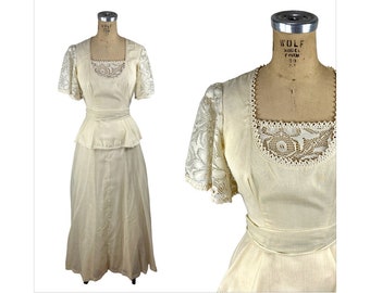 1970s maxi prairie dress with lace flutter sleeves and peplum Size S