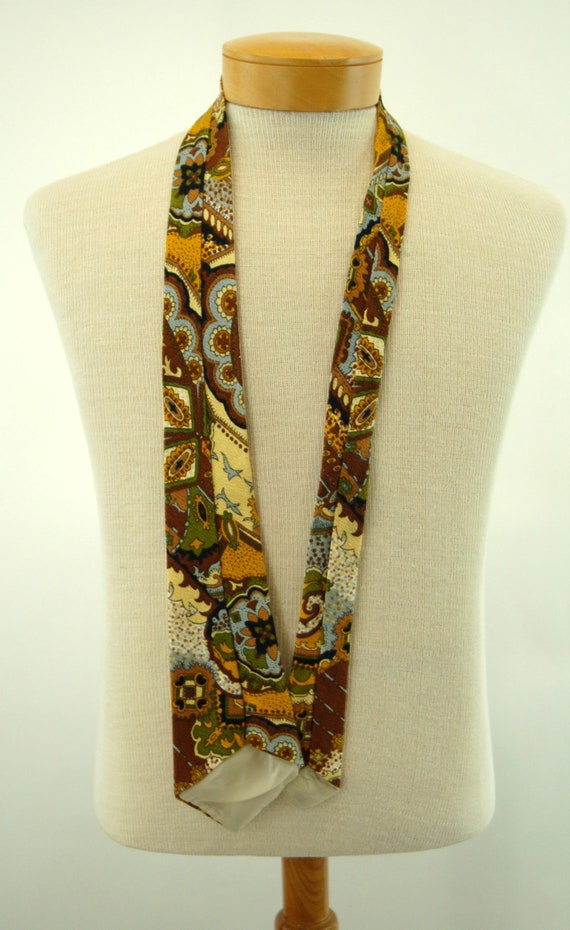 1970s paisley tie brown gold bark cloth necktie w… - image 4