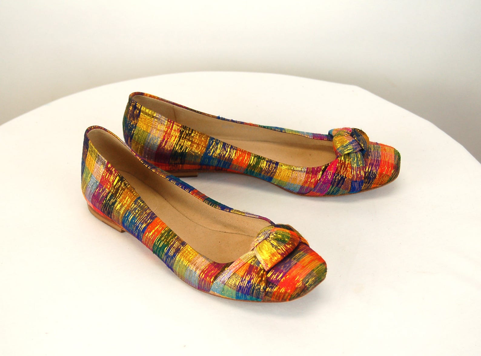 stuart weitzman shoes ballet flats plaid fabric metallic gold size 7 m 1980s shoes