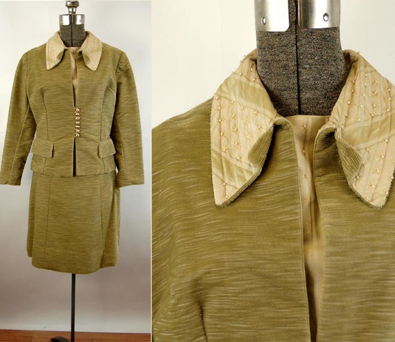 1960s suit green corduroy three piece skirt suit h
