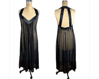 1970s sheer black nightgown with open back by designer Francheska Valdy Size M