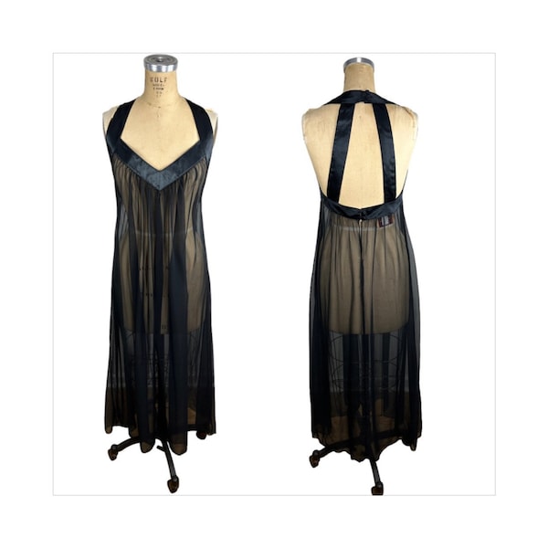 1970s sheer black nightgown with open back by designer Francheska Valdy Size M