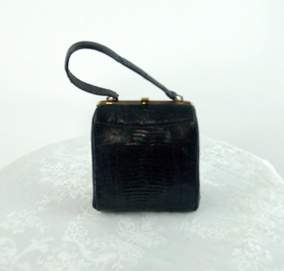 1950s 60s lizard skin handbag black small purse b… - image 3