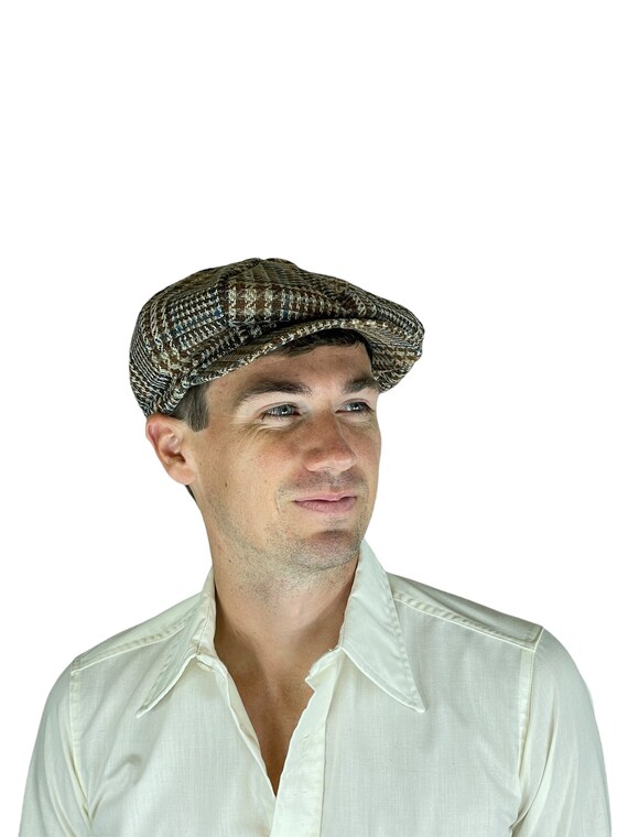 1960s 70s plaid tweed newsboy cap in brown and bl… - image 2