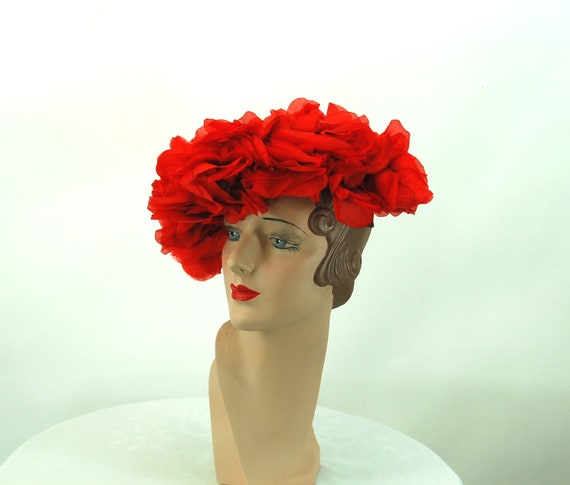 1960s flower hat red poppies beret hat by Irene Ne