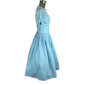 1950s 60s blue cotton pleated dress with lace bib bodice Size S image 3