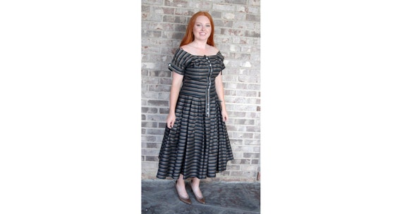 1950s dress brown black tan striped silk dress wit