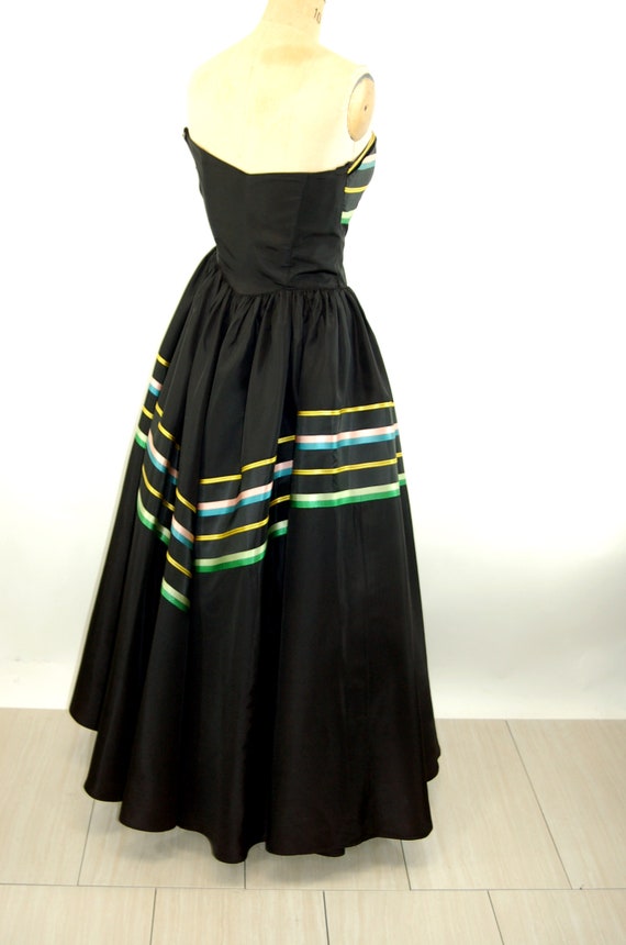 1940s gown black silk strapless dress with chevro… - image 6