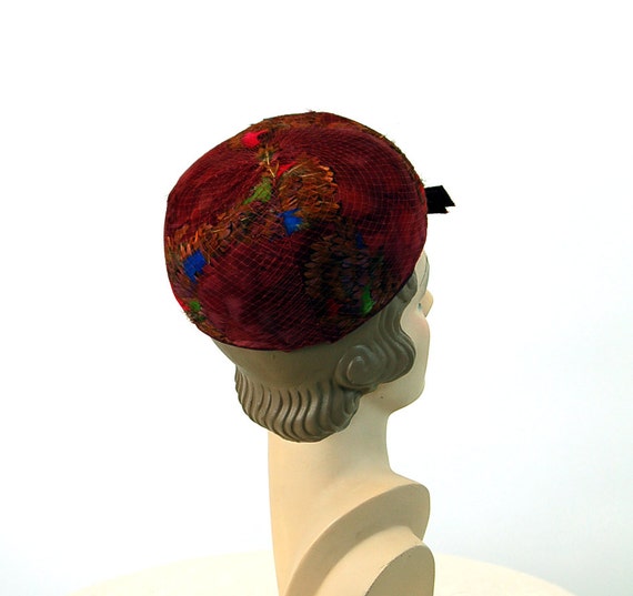 1960s pillbox hat feathers hat burgundy multi col… - image 3