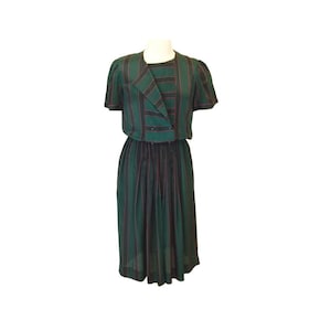 1980s secretary dress, striped dress, green pink, double breasted, puffed sleeves, silk blend, pleated skirt, Size 10