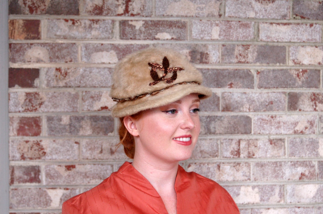 1950s Fur Felt Hat Gage Merrimac Hat Tan With Bronze Glass Beaded