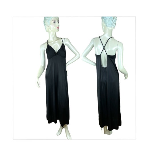 1970s black nightgown slip dress with open back b… - image 1
