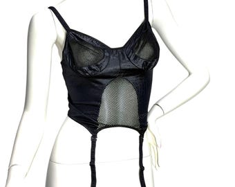 1980s black bustier with garter straps and mesh bodice by Secrets Lingerie (Frederick's of Hollywood) Size S
