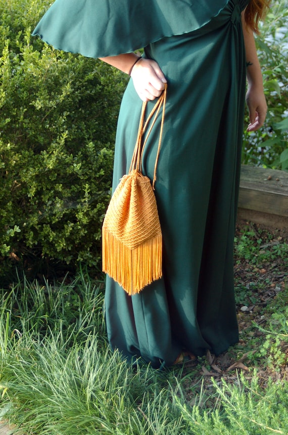 1970s macrame bag pouch bag with fringe orange go… - image 1