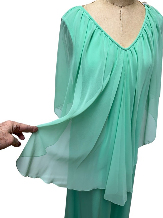 1970s mint green formal maxi gown with sheer cape… - image 2