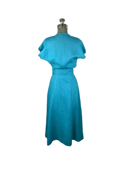 Early 1950s teal linen dress with dolman sleeves … - image 6
