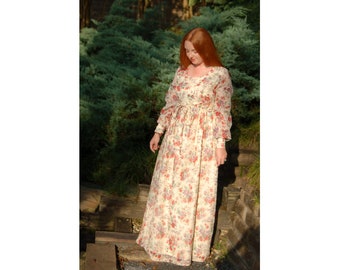 Robe longue des années 1970 à imprimé treillis floral, manches transparentes, taille empire, style Renaissance, taille S/M