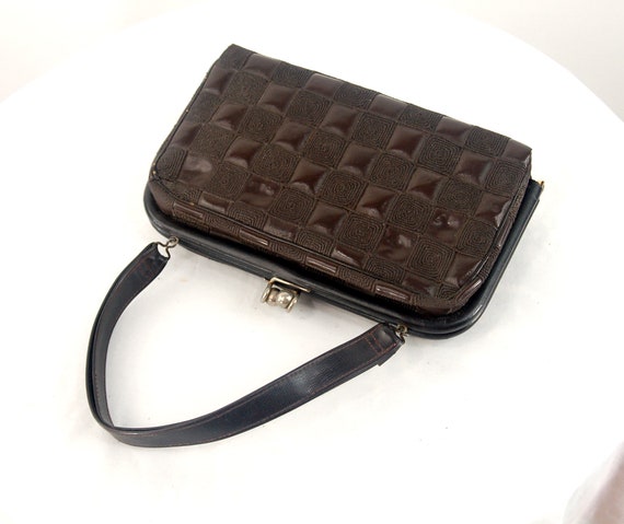 1960s handbag texturized checkered brown vinyl fa… - image 4