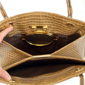 1960s purse faux snakeskin lizard skin tan with gold hardware swivel mirror Lou Taylor VEGAN waterproof bag image 5