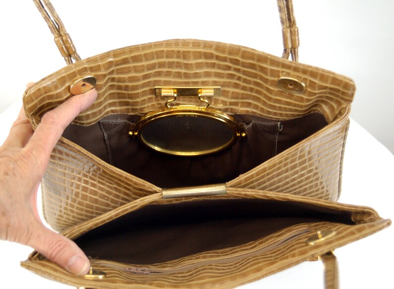 1960s purse faux snakeskin lizard skin tan with gold hardware swivel mirror Lou Taylor VEGAN waterproof bag image 5