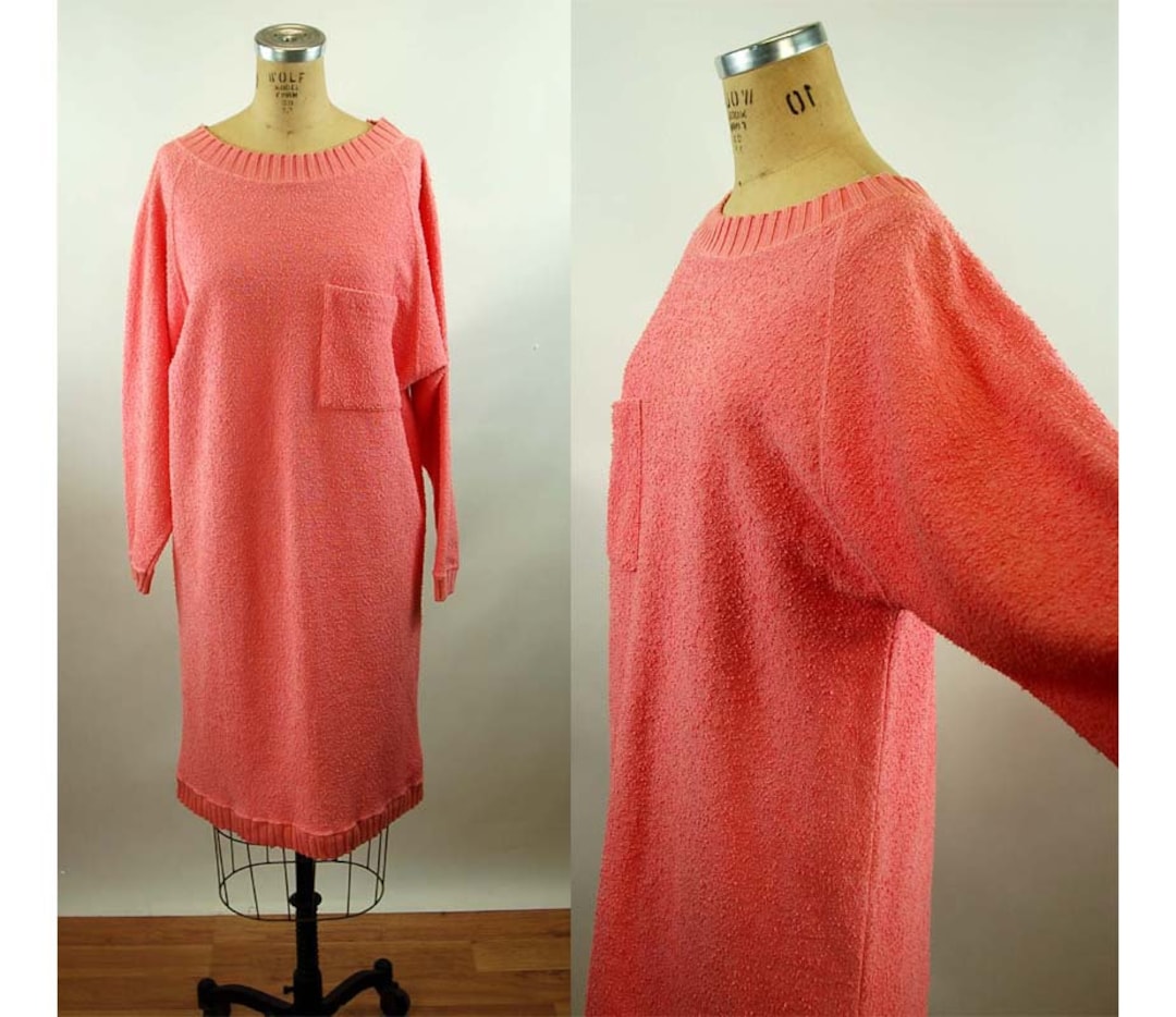 1980s Terry Cloth Dress Pink Coral Oversized Batwing Dress Lizsport