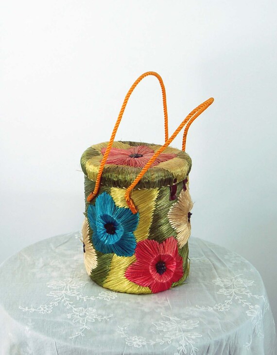 1960s raffia straw bag big flowers multicolored st