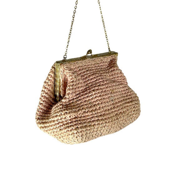 1950s pink and gold bag clutch woven straw raffia… - image 1