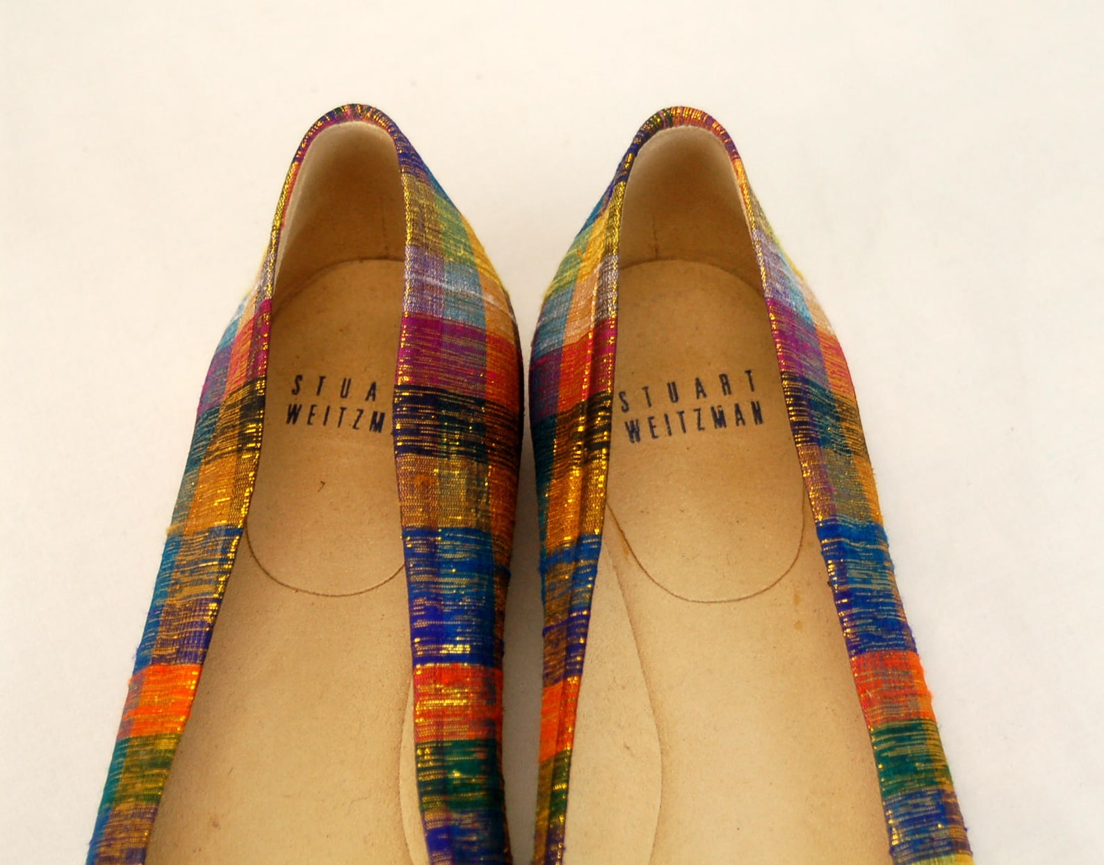 stuart weitzman shoes ballet flats plaid fabric metallic gold size 7 m 1980s shoes