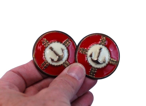 Nautical earrings enamel earrings red white ancho… - image 1