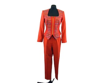 1990s pant suit burnt orange corset top zip front modern suit Linda Segal Size 8  Size M