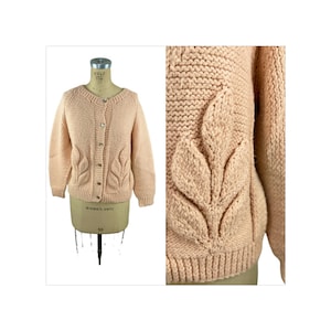 Hand knit cardigan peach sweater with 3D leaves Size M/L