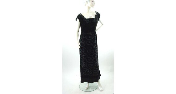 1930s black velvet hand beaded gown mixed era form