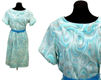 1950s dress, watercolor dress, marbelized, aqua blue, swirl dress, wiggle dress, Size M/L