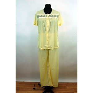 1960s pajamas yellow nylon sleepwear by Kayser with sheer chiffon bodice and embroidered rosebuds Size S image 1