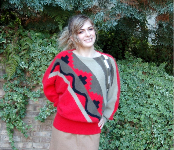 1980s angora sweater geometric tribal red gray bl… - image 1