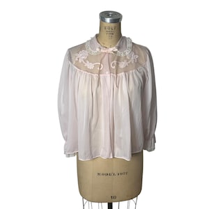 1950s/60s pink bed jacket with sheer chiffon illusion yoke and satin appliques Size M