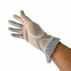 1950s sheer white nylon gloves blue plaid trim Size M