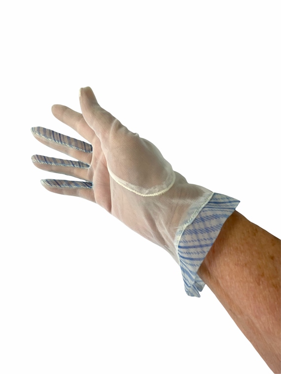 1950s sheer white nylon gloves blue plaid trim Si… - image 1